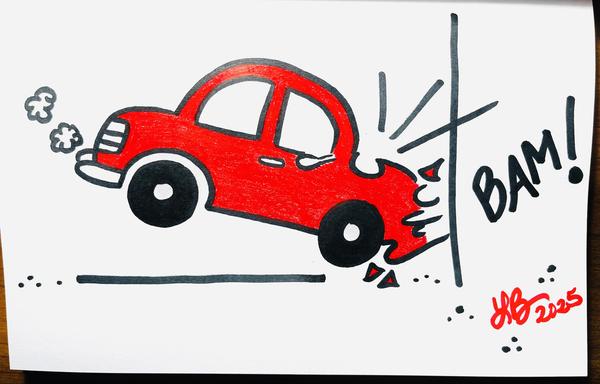 A drawing of a red car crashing into a wall. “BAM!”