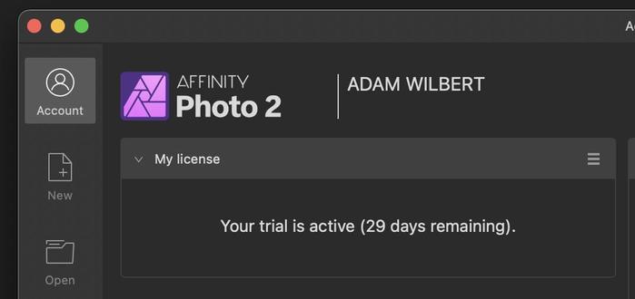 Affinity Photo 2 license screen with the message "Your trial is active (29 days remaining)."