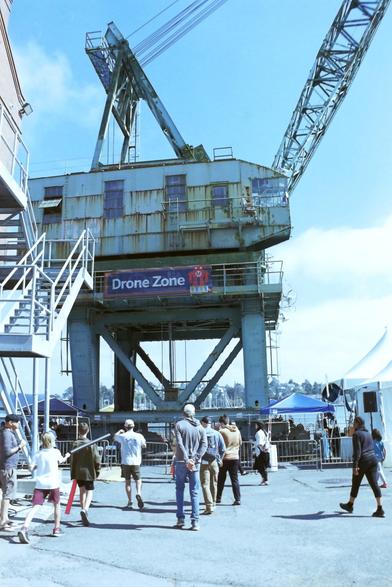 Old crane with words "Drone Zone" on it