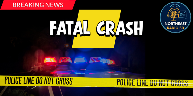 Breaking News: Fatal crash scene with police lights flashing red and blue, yellow police tape, and "Northeast Radio SD" logo. Mood is urgent.