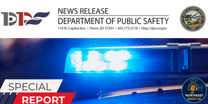 Blue police lights with "Special Report" text overlay. South Dakota Department of Public Safety seal and contact info visible above.