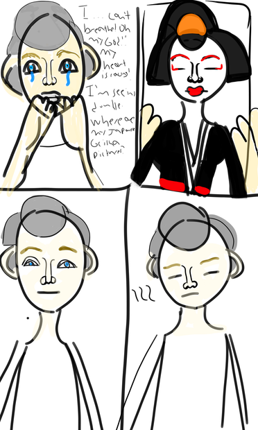 Looking at a Japanese geisha picture for relaxation against a panic attack