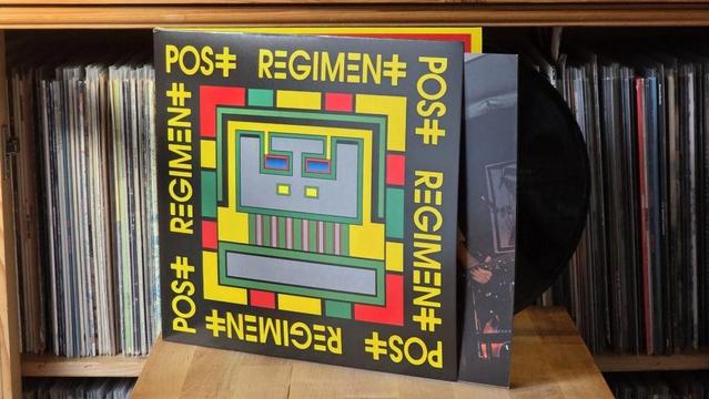 Eine Schallplatte mit buntem, geometrischem Cover und der Aufschrift "POS+ REGIMEN+" liegt aufgeklappt auf einer hölzernen Oberfläche, wobei eine schwarze Schallplatte teilweise sichtbar ist. Dahinter ist in einem Regal eine Sammlung anderer Schallplatten angeordnet.