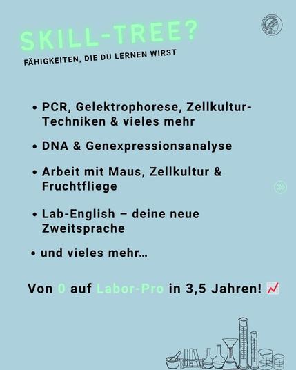 Hellblauer Hintergrund mit grünem und schwarzem Text. Oben steht in grüner Großschrift 'SKILL-TREE?'. Darunter in schwarzer Großschrift 'FÄHIGKEITEN, DIE DU LERNEN WIRST'. Es folgt eine Aufzählung in schwarzer Schrift: 'PCR, Gelektrophorese, Zellkultur-Techniken & vieles mehr', 'DNA & Genexpressionsanalyse', 'Arbeit mit Maus, Zellkultur & Fruchtfliege', 'Lab-English – deine neue Zweitsprache', 'und vieles mehr...'. Unten steht in schwarzer Schrift 'Von 0 auf' gefolgt von grünem 'Labor-Pro' und schwarzem 'in 3,5 Jahren!'. Rechts oben ist das Max-Planck-Logo, unten rechts ist kleine Illustration von Labormaterialen in schwarz. In der Mitte gibt es ein kleines grünes Symbol mit drei Pfeilen nach rechts.