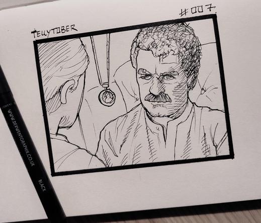 Ink doodle of a scene from the TV show Magnum pi