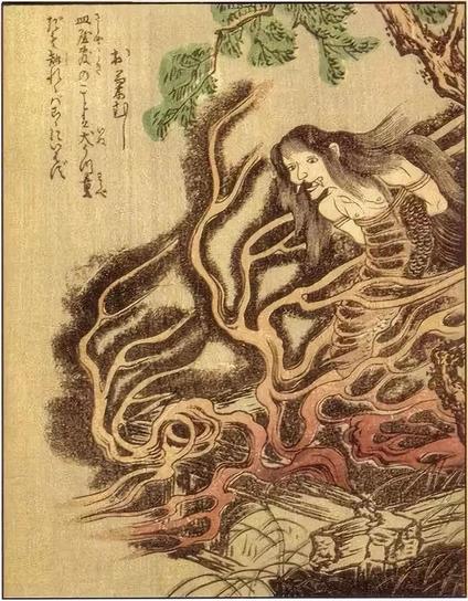 Illustration of the spirit of Okiku rising from the well she had been thrown down to die.