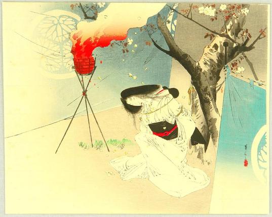 Woodblock print of a kidnapped and bound woman in kimono.

Image thanks - https://ja.ukiyo-e.org/