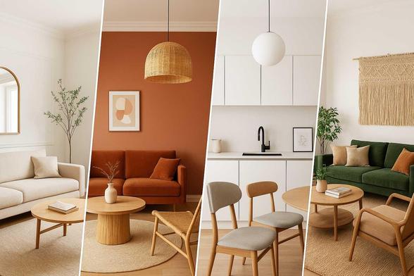 Composición de cuatro escenas de interiorismo, cada una representando un estilo diferente. De izquierda a derecha:

Una sala de estar luminosa con sofá beige, mesa de centro de madera clara y una planta alta en una esquina, evocando un estilo nórdico o minimalista, ideal para interiorismo en Madrid según los barrios como Chamberí.

Una sala con paredes de terracota, sofá a juego, mesa de centro redonda de madera y una lámpara de techo de ratán, sugiriendo un ambiente cálido y bohemio, que podría encontrarse en barrios como Lavapiés en el interiorismo en Madrid según los barrios.

Una cocina-comedor moderna y minimalista con gabinetes blancos, encimera y grifo negros, y dos sillas de comedor de madera y tela, con una lámpara de techo esférica blanca, representando un estilo contemporáneo, común en zonas como Sanchinarro o Las Tablas dentro del interiorismo en Madrid según los barrios.

Una sala de estar con sofá verde oscuro, cojines de tonos tierra, mesa de centro de madera y una silla de madera con tapicería clara, junto a un tapiz de macramé en la pared, mostrando un estilo natural y artesanal, popular en barrios con encanto como Malasaña o La Latina para el interiorismo en Madrid según los barrios.
