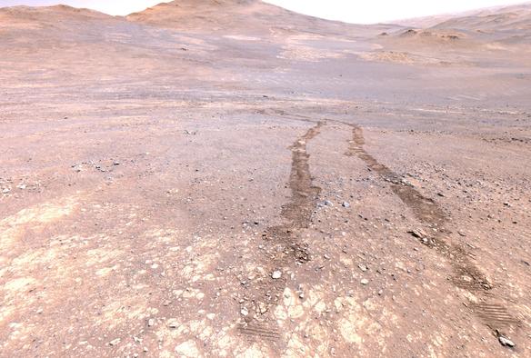A Martian landscape with rover tracks.