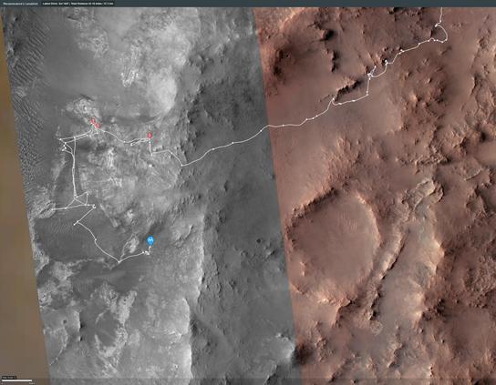 A map of the rim of Jezero Crater and environs, showing the path followed by the rover and its current position.
