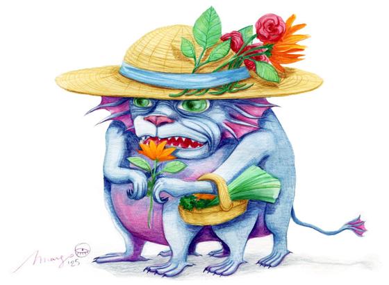 A monster is drawn on a white background in aquarelle and coloured pencils. She is blue with a purple pink belly. She has six legs and two arms. A small tail with a fin at the end. Around her head are a sort of bat-like-gils. Her face looks like a cross-over between a dog of cat. She has a large mouth, open in a slight smile with fine, small, pointy teeth and big green eyes. She wears a huge straw hat with flowers and plants woven into the band. She is caring a wicker basket with plants and vegetables. She is holding an organelle flower, holds it up to her face, smiles slightly while she smells it. 