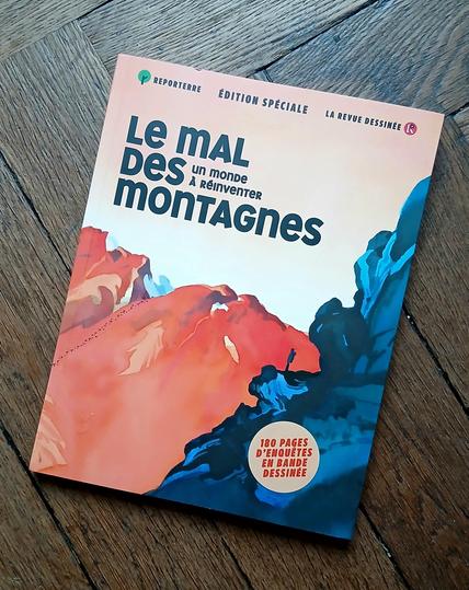 Couverture de La Revue Dessinée avec Reporterre sur "Le mal des montagnes". Illustration avec des montagnes.