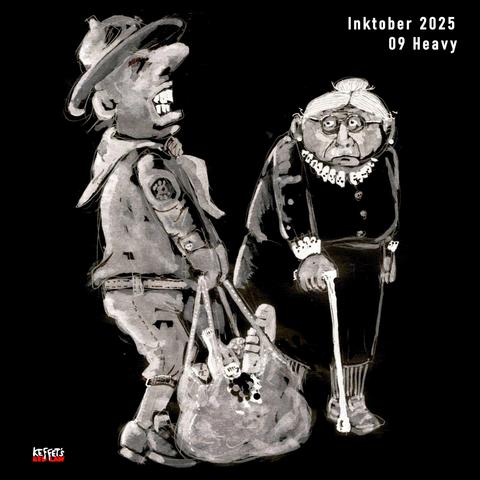 Auf diesem Cartoon versucht ein Pfadfinder die Einkaufstasche einer älteren Dame zu tragen, was ihm allerdings wegen der Schwere der Tasche nicht gelingt. Die ältere Dame schaut ihn verwundert an, denn so schwer kann die Tasche doch gar nicht sein.