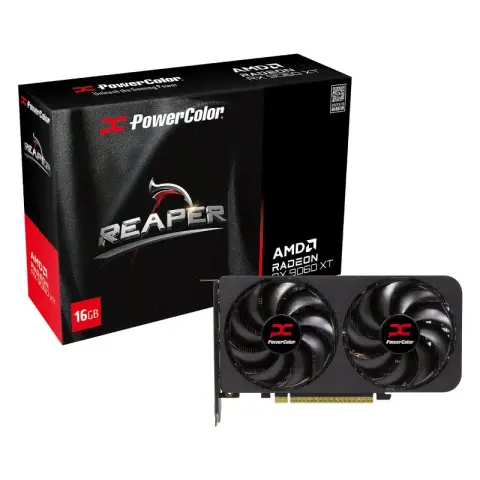 Carte graphique PowerColor Reaper AMD Radeon RX 9060 XT 16GB avec double ventilateur, éclairage rouge et design gamer noir futuriste sur fond sombre.
