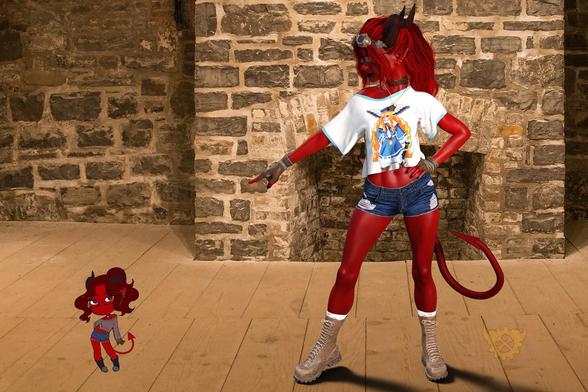 3d artwork of Hespera Smith pointing at a small, 2d artwork of Hespera Smith in chibi form.