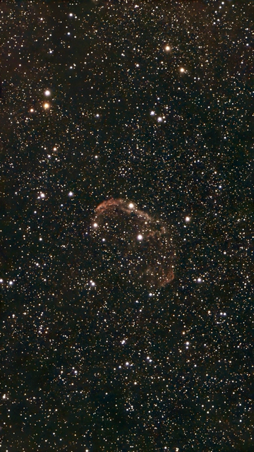 NGC 6888 The Crescent Nebula - telescope processed image. Definitely less red than the earlier images, but missing some detail. Looks like longer exposures time is needed. 20+ image using 20 second exposures. 