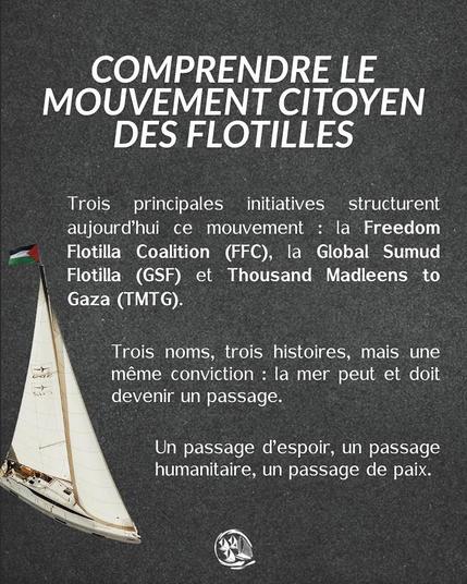 COMPRENDRE LE MOUVEMENT CITOYEN DES FLOTILLES
Trois principales initiatives structurent aujourd’hui ce mouvement : la Freedom
— Flotilla Coalition (FFC), la Global Sumud, Flotilla (GSF) et Thousand  Madleens to Gaza (TMTG).
Trois noms, trois histoires, mais une a méme conviction : la mer peut et doit devenir un passage, un passage d’espoir, un passage humanitaire, un passage de paix.

