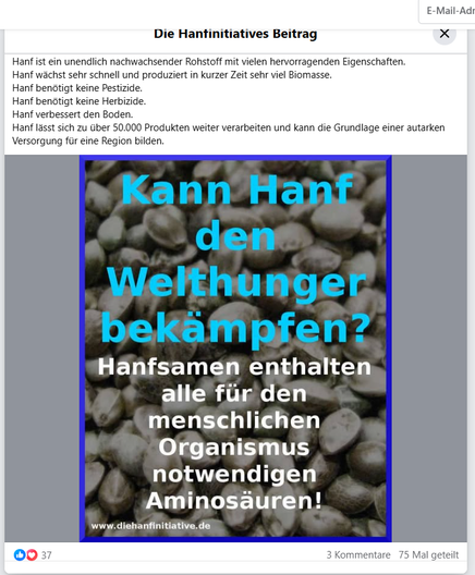 DIE HANFINITIATIVE von 2011 - 2022

Facebook-Beitrag - ob Cannabis den Welthunger bekämpfen kann?