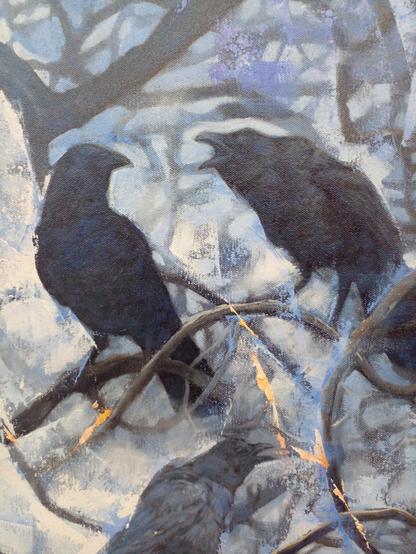 a close-up photo of several crows, one cawing 