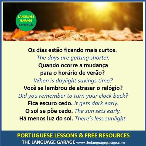Portuguese vocabulary for shorter fall days, image of autumn leaves and sunlight