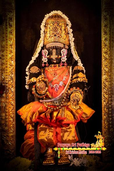 Idol of Hindu deity Krishna standing dressed in gold-embroidered orange/saffron; hands in blessing posture; wearing gold shoes, gold palm coverings, gold crown, lots of gold ornaments, and a thin string of white jasmine flowers shoulder-shoulder. The sides of a gold arch visible on both sides of Krishna.