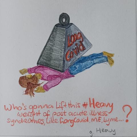 Sketch of a figure lying belly down, arms folded up, wearing pink sweater and blue trousers. Brown hair in tail. 
Pressed down under a big grey weight with the text Long Covid. Weight has a ring to lift it up.