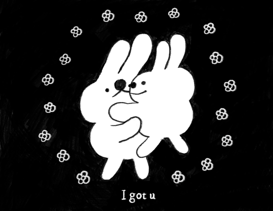 A bunny embraces another bunny, picking it up in the process. Flowers surround them. Text reads: "I got u".