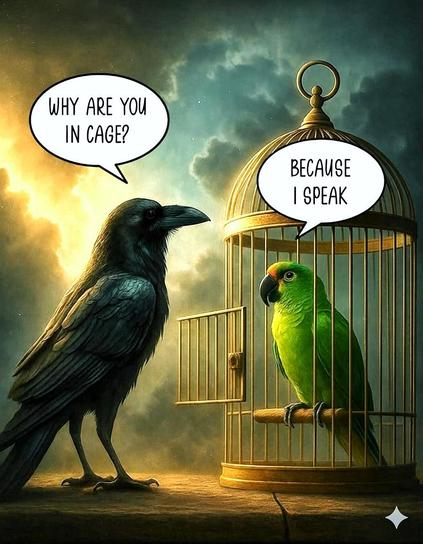 A conversation between a black crow and a green Parrot who is in cage. Why are you in cage? Because I speak.