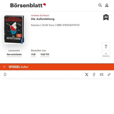 Screenshots: https://www.spiegel.de/kultur/bestseller-buecher-belletristik-sachbuch-auf-spiegel-liste-a-458623.html und https://www.boersenblatt.net/news/aktuelle-boersenblatt-bestsellerlisten/aktuelle-boersenblatt-bestsellerliste-belletristik-bestseller-hardcover 