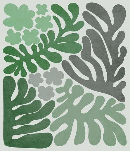 A floral motif in green and gray on a light gray background.