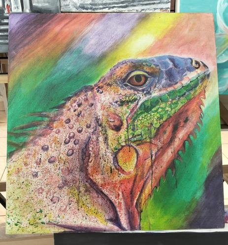 a painting of an iguana's head, facing up and to the right, a prism of colors behind it, splatter and drip effects on it, very bright and vibrant 