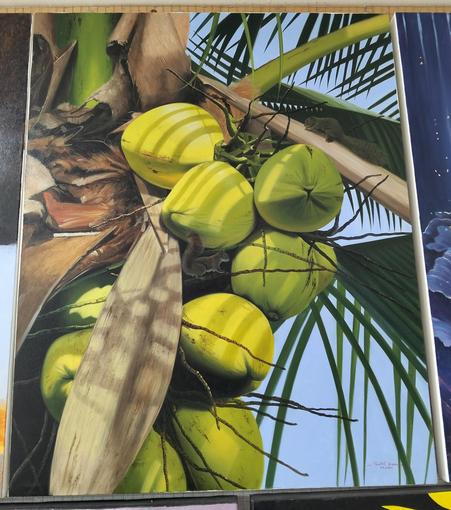 a realistic painting of coconuts up in a palm tree with small squirrels in it, the blue sky behind it