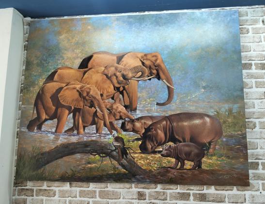 a painting of elephants and hippos at a watering hole, done in a realistic style 