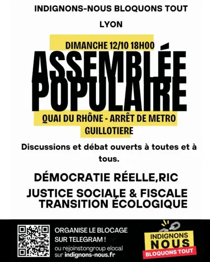 Visuel d'appel à l'assemblée populaire dimanche 12 octobre à 18h00 quai augagneur (Guillotière)