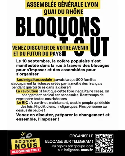 Verso du visuel d'appel à l'assemblé populaire « Bloquons Tout »
Liste des grands thèmes :
- Inégalités sociales
- Révolution
- RIC

Venez discuter et préparer la suite