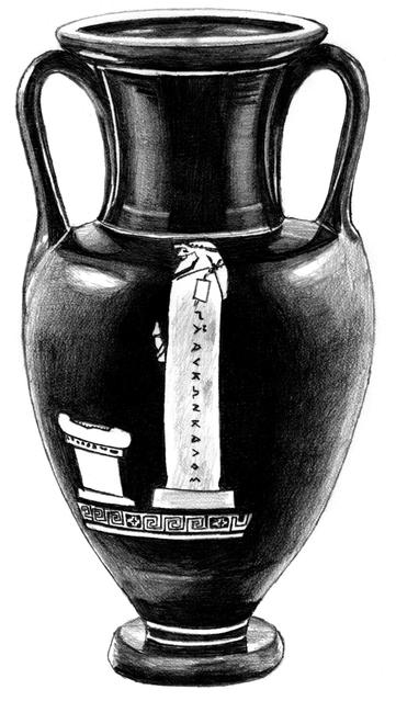 Drawing of a red-figure vase painting depicting a herm with an unlit altar in front of it.