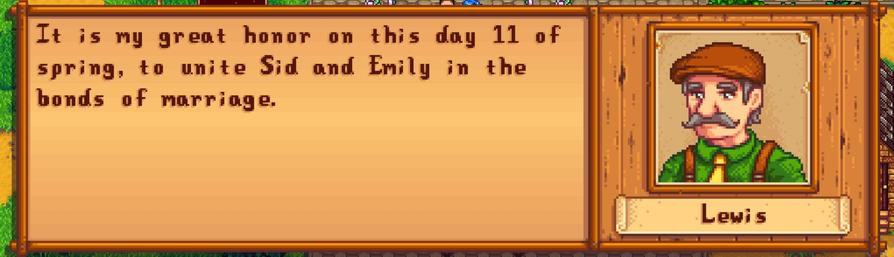 a text box that reads ' it is my great honor on this day 11 of spring to unite sid and emily in the bonds of marriage '