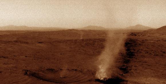 Three dust devils can be seen in this image taken at the rim of Jezero Crater by NASA’s Perseverance Mars rover on January 25, 2025. Image credit: NASA / JPL-Caltech / SSI.