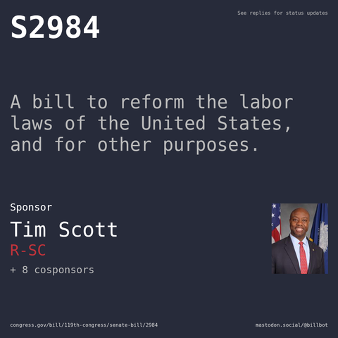 Description of S2984, and a depiction of its sponsor, Tim Scott.