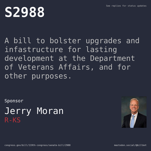 Description of S2988, and a depiction of its sponsor, Jerry Moran.