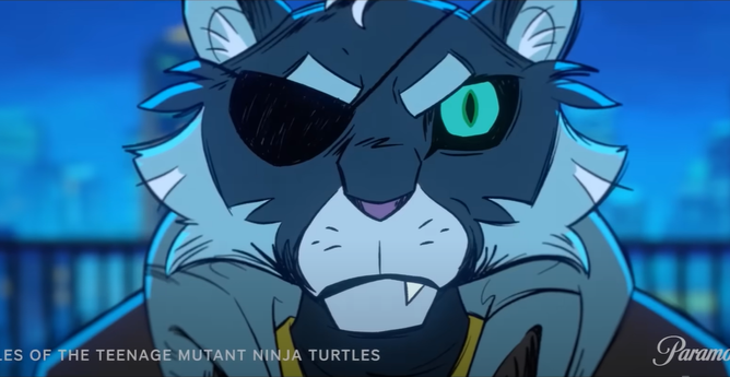 Screencap from the new Tales of the TMNT season 2 trailer. Close up of a character that might be the show's version of mutant revolutionary Old Hob, a black and white furred cat with an eyepatch. 