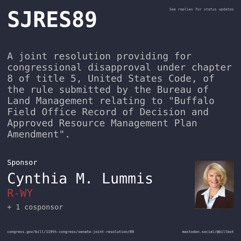Description of SJRES89, and a depiction of its sponsor, Cynthia M. Lummis.