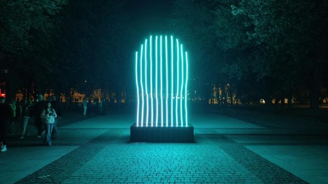 Light Move Festival 2025 in Łódź - The Kinetic Art of Light Festival: color-changing light sculpture.