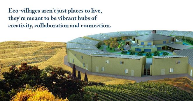A circular eco-village surrounded by fields, designed as a hub for sustainable living and collaboration, illustrating One Community Global’s mission to create open-source solutions for community development.
