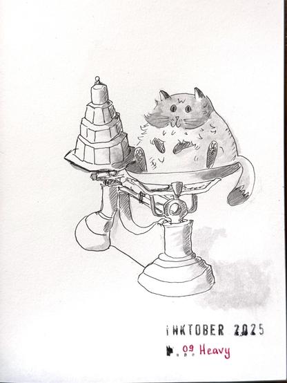 A playful drawing in grey and black featuring a chunky cat sitting on a vintage scale, next to a stack of weights. The artwork is done in shades of gray with accents, and titled "Inktober 2025" and "09 Heavy."