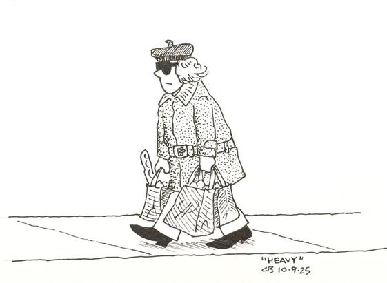Ink drawing of a woman in a beret and trenchcoat walking along a sidewalk with heavy bags of groceries.