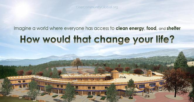 A circular, off-grid community design with solar roofs, public plaza and amphitheater — “How would that change your life?”