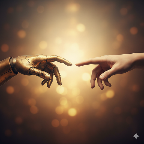 A human hand and a robot hand connecting, symbolizing the thoughtful, strategic collaboration needed for high-quality AI content creation.