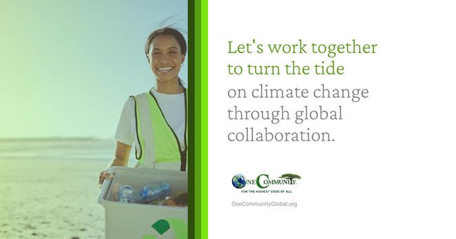 Volunteer holding a recycling tub on a beach next to the message: “Let’s work together to turn the tide on climate change through global collaboration.”