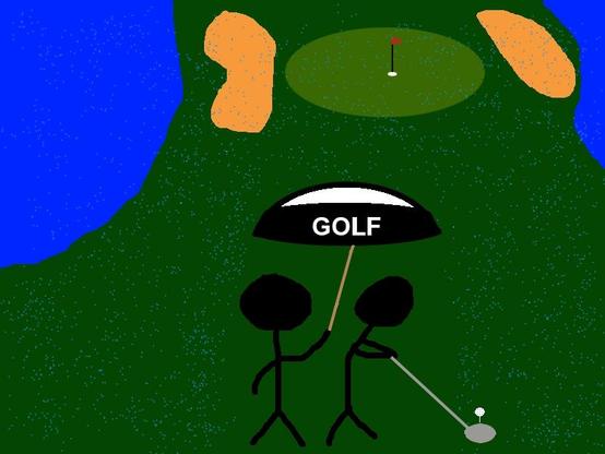 An image of a golfer and his golf caddie holding an umbrella for the golfer in the rain.